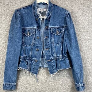 Etica Distressed jean jacket S cinch waist raw edge edgy feminine grunge Y2K